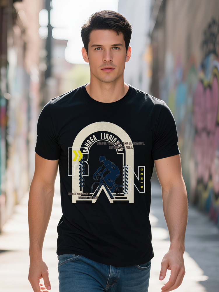 Bold Graphic Round Neck Short Sleeve Black with Blue Yellow Print Design Summer Style Men's Casual Apparel
