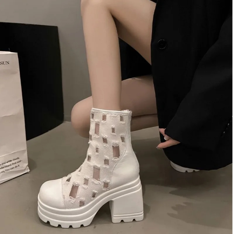 Middle Heel Zip Mesh Fabric Long Sleeved Womens Boots Shoes for Women 2025 Fashion Summer Breathable Mature Womens Boots 250812