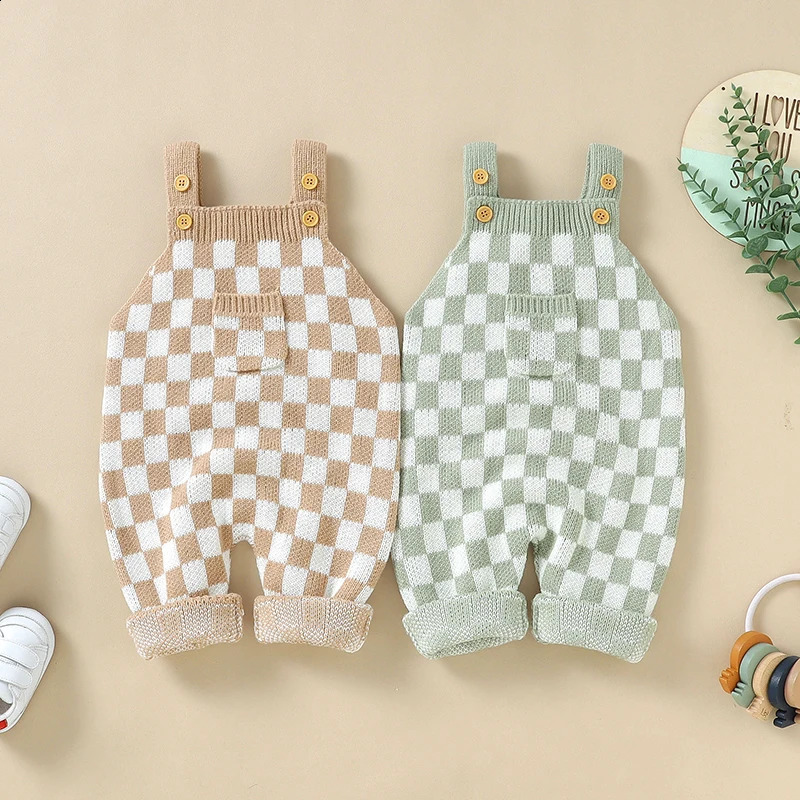 born Baby Romper Knitted Infant Boy Jumpsuit Sleeveless Autumn Toddler Kid Sling Clothing Fashion Plaid Pocket 018M Overalls 250812