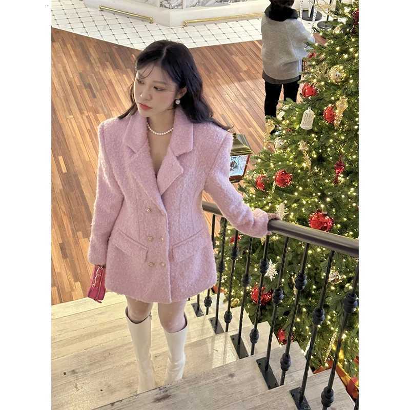 MEXZT Elegant Pink Wool Blends Coats Women Double Breasted Black Woolen Jackets Korean Long Sleeve Outerwear Winter Overcoat New Z250813