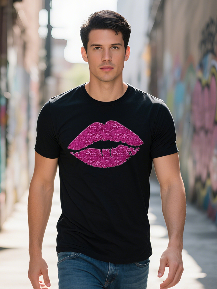 Men s Casual Round Neck T Shirt with Sparkling Pink Lips Print Black Soft Comfortable Fabric Perfect for Summer