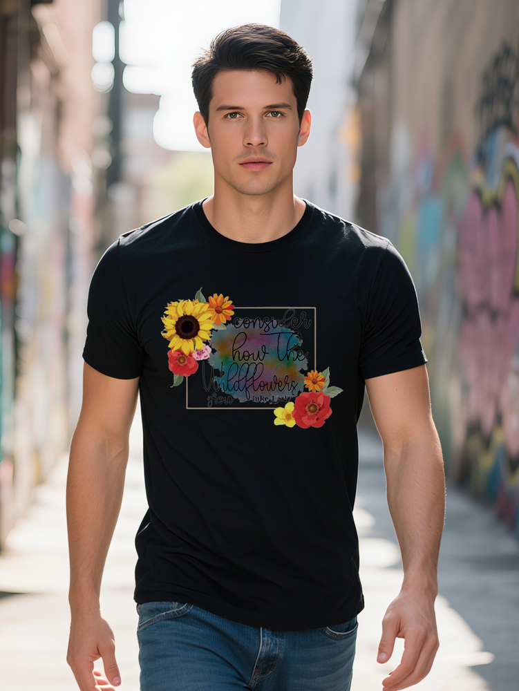 Men s Crew Neck T Shirt with Inspirational Floral Print You Are My Happy Place Design Black Knit Fabric Summer