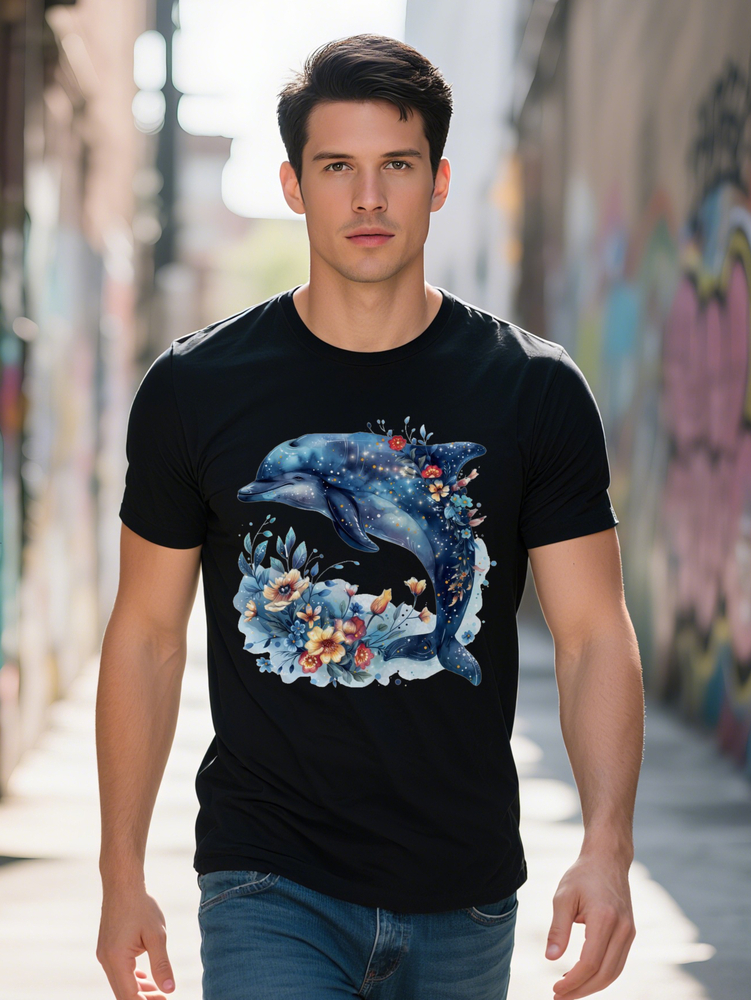 Men s Round Neck T Shirt Vibrant Dolphin Floral Print Summer Fashion Top with Glossy Finish Ideal for Casual