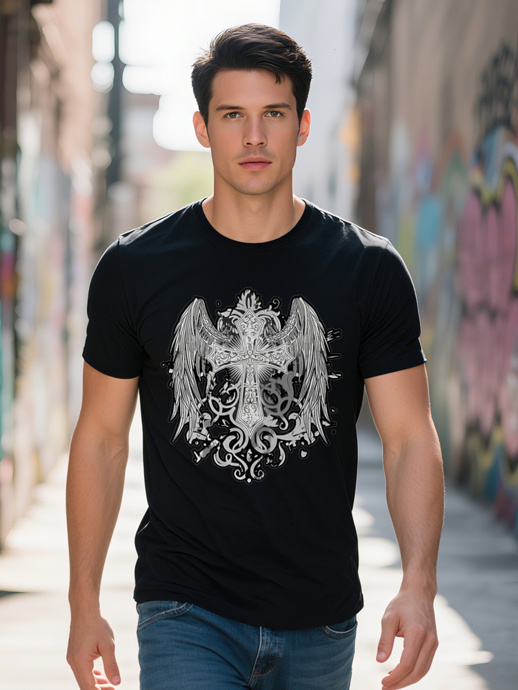 Men S Casual Crew Neck with Intricate Eagle Black Soft Fabric Perfect for Summer Everyday Floral T-Shirt 548ce