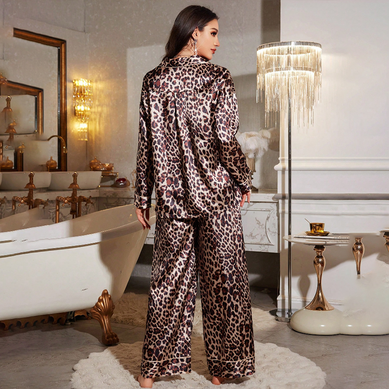 2025 New Women's Spring and Autumn Silk Colorful Leopard Print Long Sleeve Long Pants Pajama Set Homewear