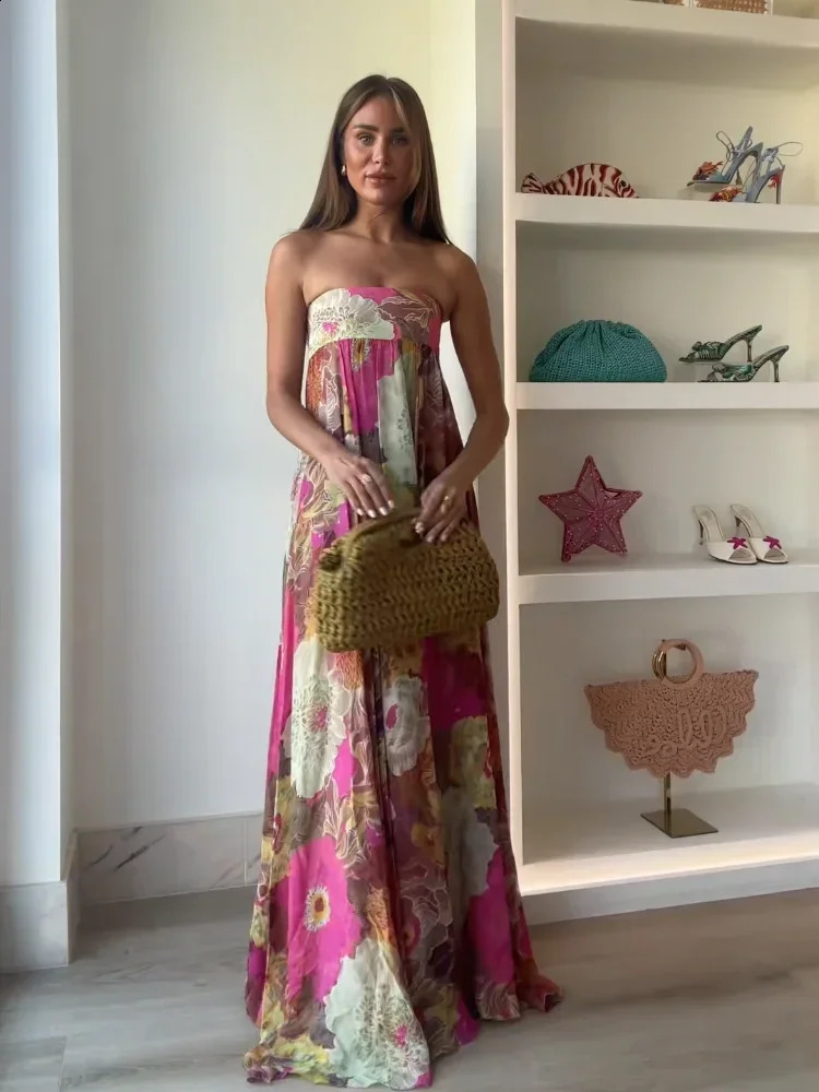 Women Flower Print Pleated Maxi Dress Sexy Backless Sleeveless Off Shoulder Loose Vestidos Summer Vacation Street Robes 250805