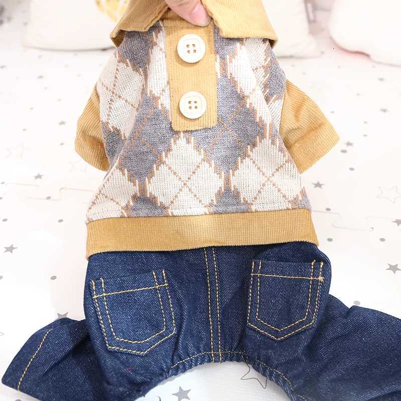 Plaid Pet Sweater Overall Jumpsuit With Denim Trousers Yellow Gray Autumn Spring Dog Boy Girl Suit Shih Tzu Puppy Apparel Sets XJ250813