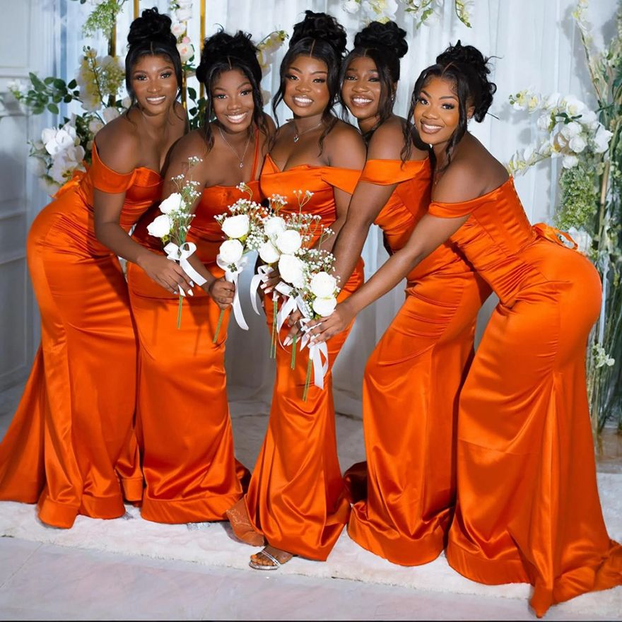 2025 South African Orange Junior Bridesmaid Mermaid Elastic Satin Sweep Train Maid Of Honor Dresses Bride Gowns For Nigeria Black Women Girls Marriage