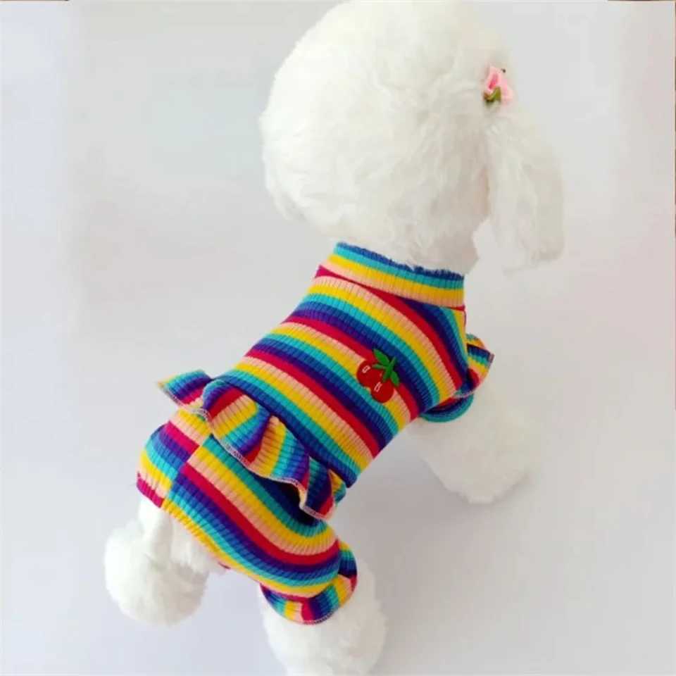 Rainbow Strip Puppy Clothes Cherry Pattern Dog Hoodies Jumpsuit Princess Pajamas Small Medium Dogs Yorkshire Pet Cat Pajamas XJ250813
