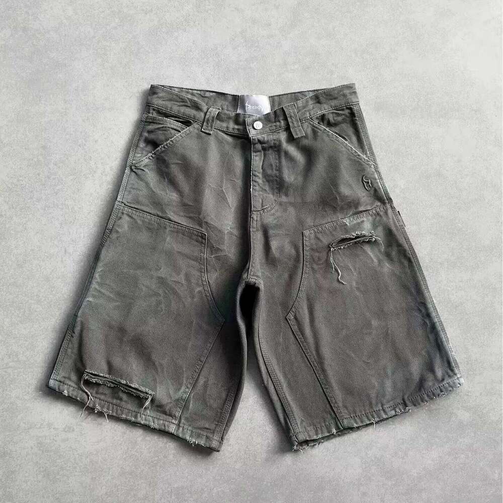 American European Men's Vintage Print Mid-Waist High-Waist Light-Colored Wash Embroidery Oversized Denim Shorts for Summer