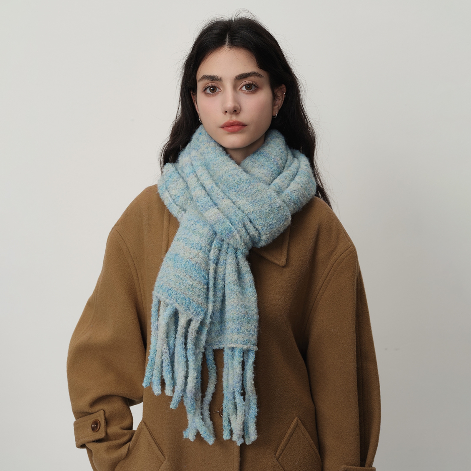 K1641 Homemade glacier blue wool tassel solid color knitted scarf for women winter warm atmosphere soft shawl neck