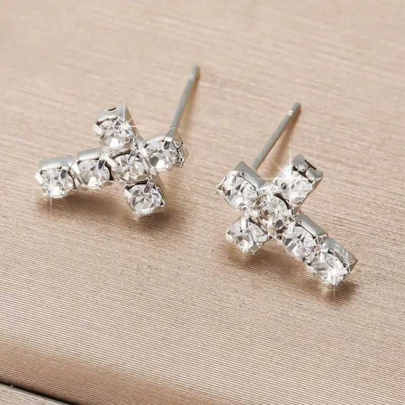 Cross Gothic Earrings Silver Color 2025 Trend Earrings Rhinestones Small Fashion Jewelry Party Gifts Accessories 250812