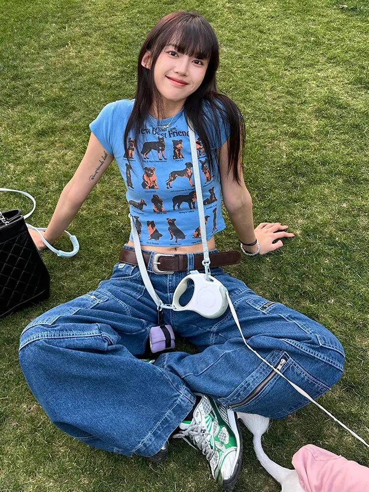 2025 pure cotton summer front shoulder commuting short sleeved T-shirt for women, new puppy print short style trend sweet and spicy high street top de