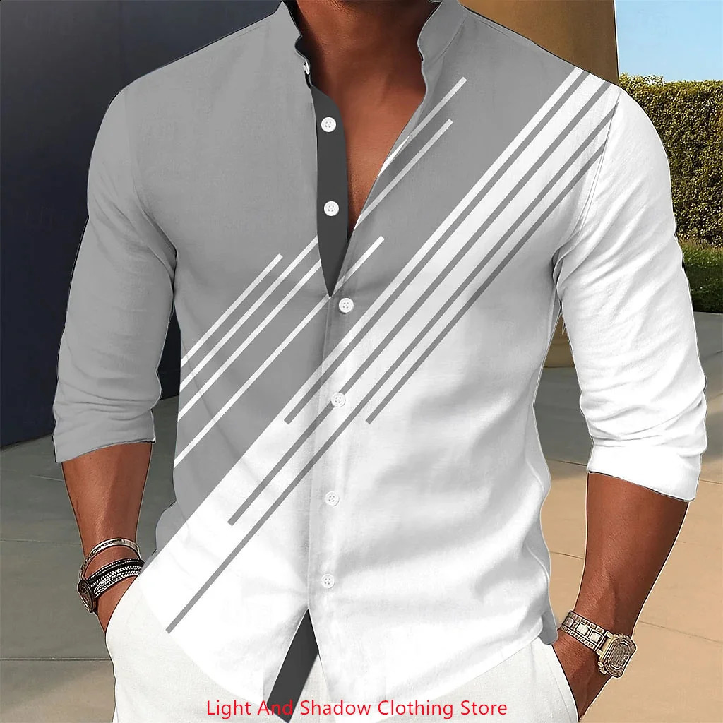Mens stand up collar shirt geometric printed single breasted street fashion long sleeved mens clothing 250808