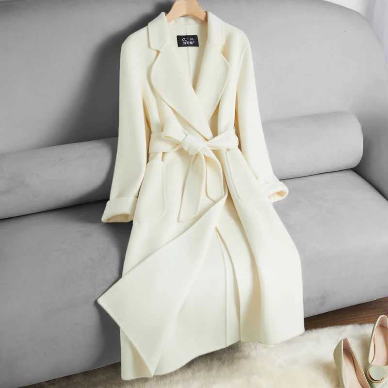 White Belt Double-sided Cashmere Coat Womens 2024 New Fashion Temperament Winter Slim Wool Coat Solid Female Long Windbreaker Z250813