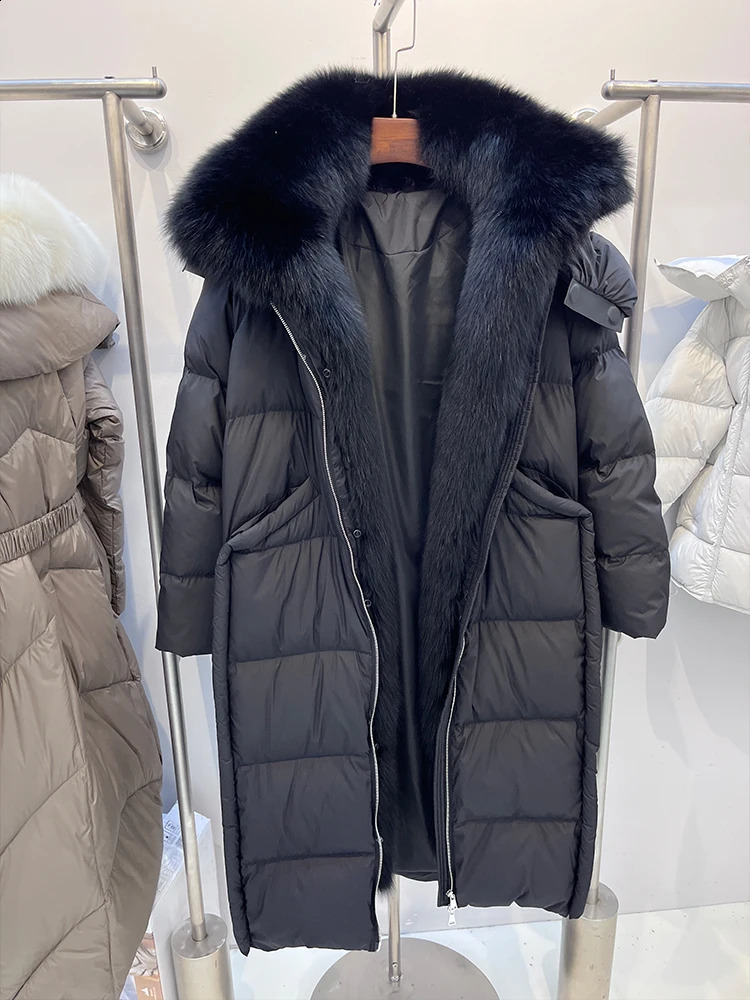 Winter Women Natural Fox Fur Collar Coat Goose Down Jacket Hooded Casual Long Puffer Jackets Parkas Clothing 250811