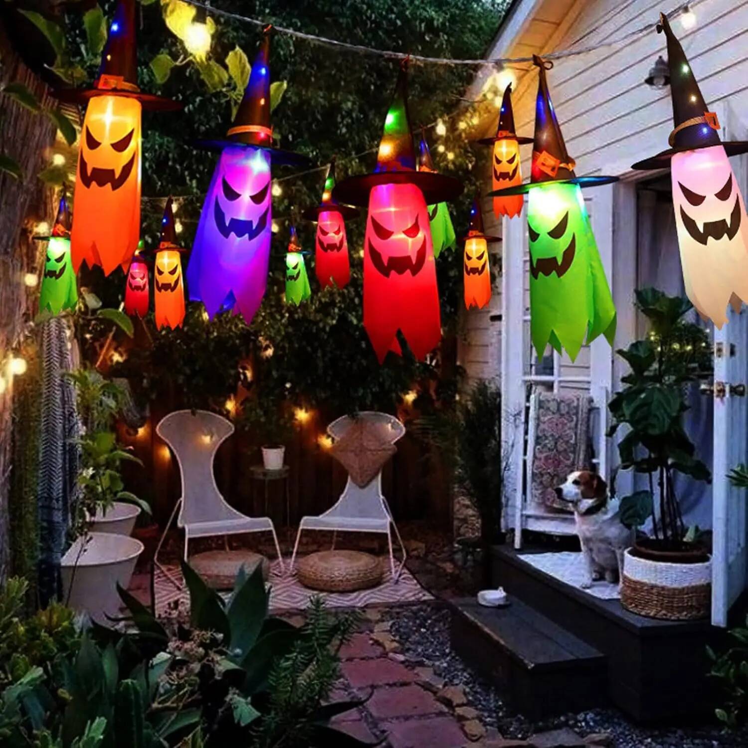 Decorations Outdoor 5 PCS Hanging Halloween Lighted Glowing Ghost Witch Hat with LED String Lights for Party Garden ddmynov