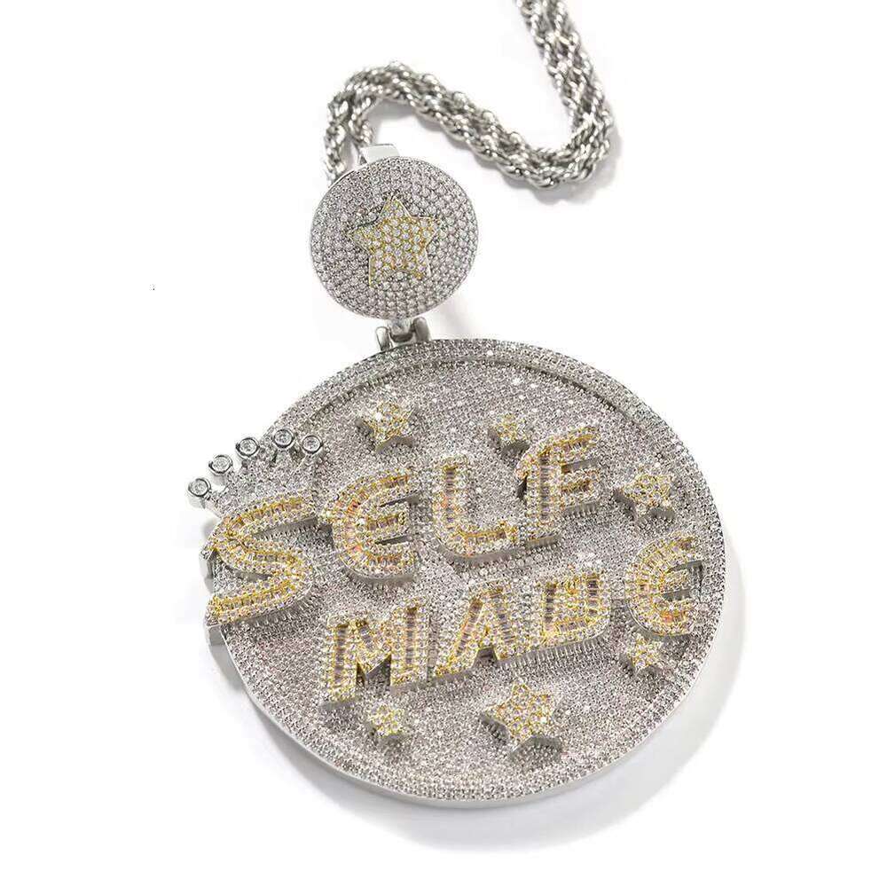 Hip-hop style oversized round disc ice pendant featuring custom-designed letters with VVS sapphires. Men's fashionable necklace, body decoration 