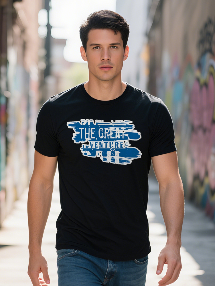 Graphic T Shirt Black with Blue THE GREAT VENTURE Print Round Neck Summer Tee Regular Fit Versatile Casual Attire