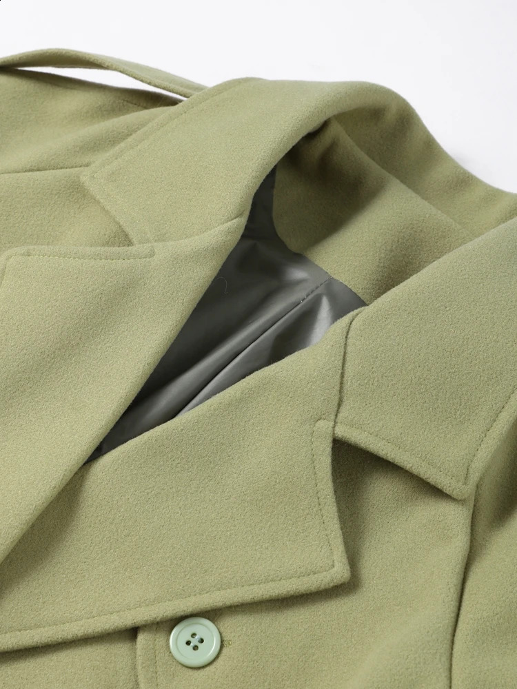 Elegant Woolen Label Long Coat With Belt Khaki Green Loose Full Sleeve Pocket Coats Autumn Winter Solid Patchwork Outwear 250811