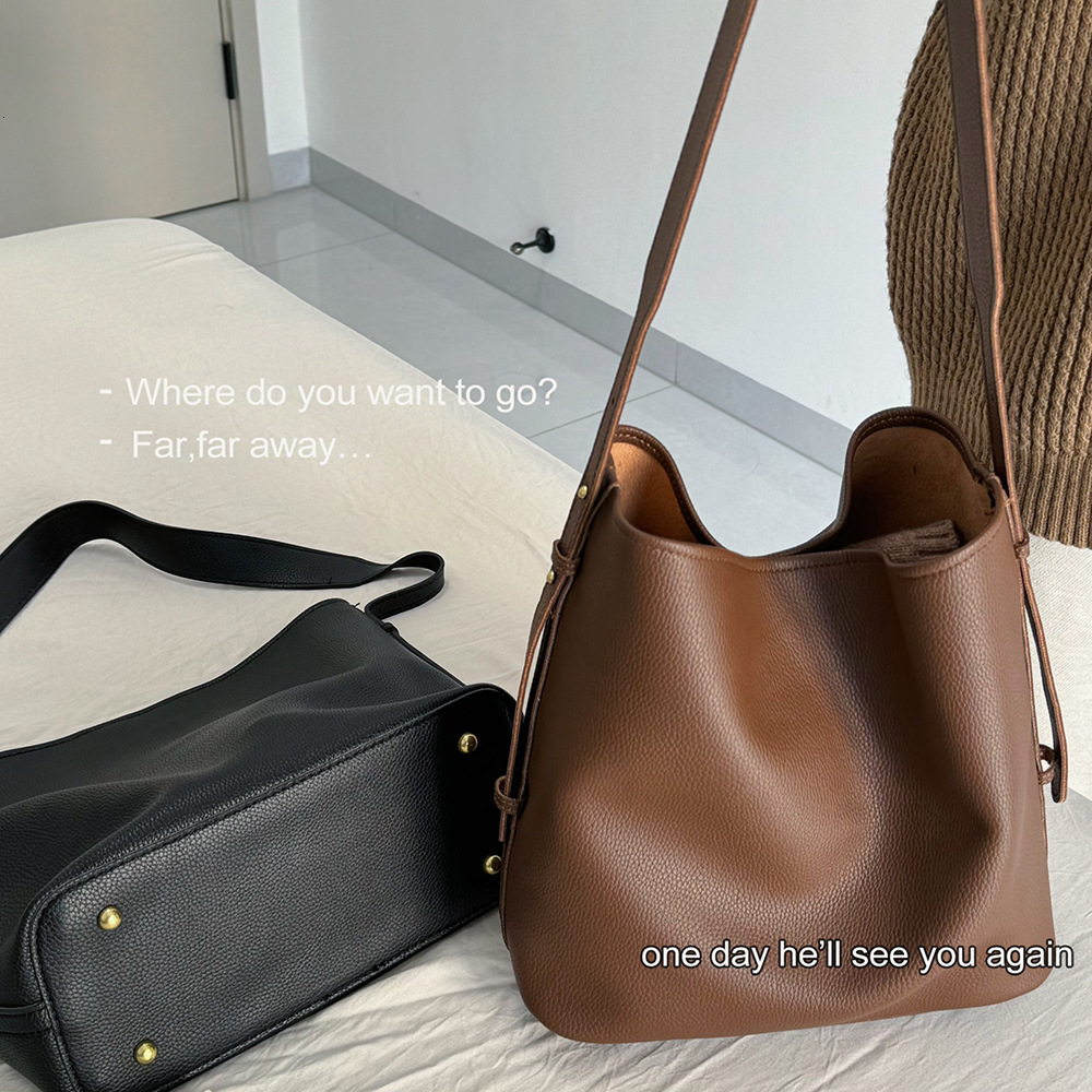 Large Capacity Korean Style Bucket Lychee Texture Soft Leather Crossbody Tote Bag ddmymarket