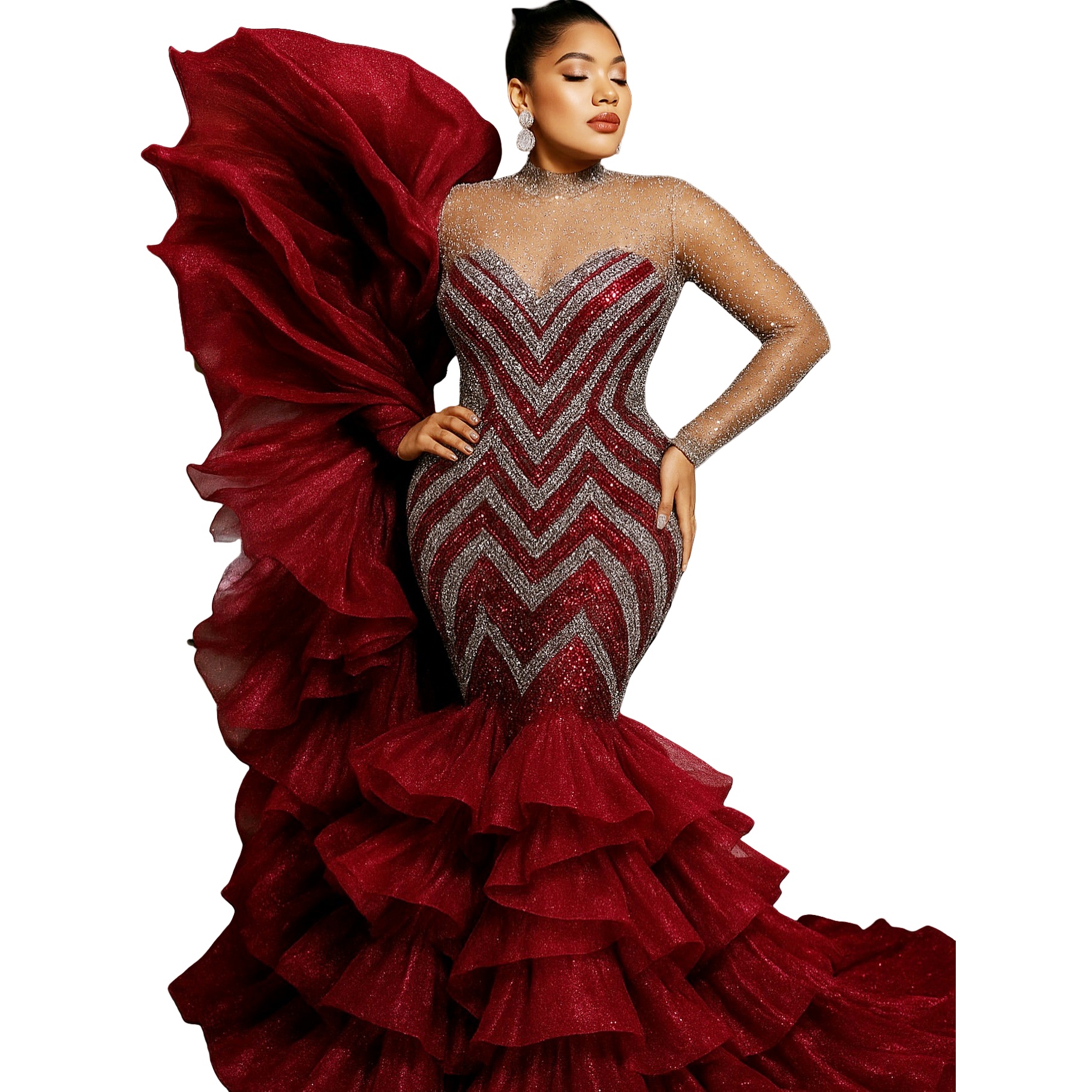 Burgundy Mermaid Prom Dresses 2025 Beaded Sequined Ruffles Stylish Evening Formal Party Second Birthday Engagement Gowns Plus Size Dress For Special O