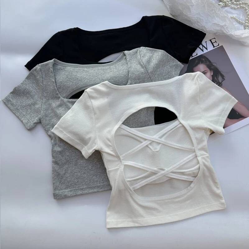 2025 Women's Tank Top T-shirt Women's Clothing Square Collar Top Women's Short Sleeve Umbilical Top with Bra Sexy Street Wear fashion B