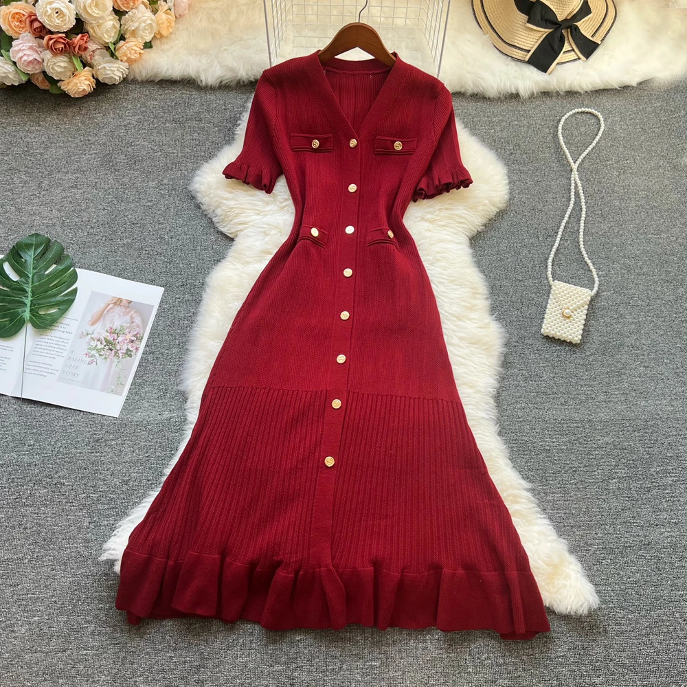 YuooMuoo Fashion Women Summer Knitted Long Dress Elegant French Style Single-breasted Sweater Dress Lady Office Vestiddos 250806