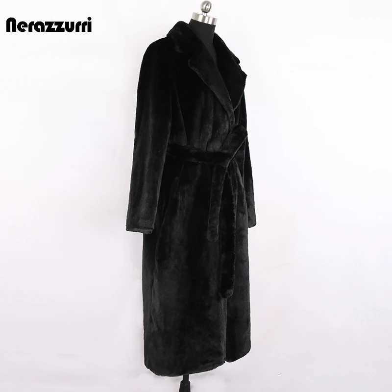 Nerazzurri Winter Long White Black Warm Fluffy Faux Fur Coat Women Long Sleeve Belt Lapel Stylish Korean Fashion without Buttons Z250813