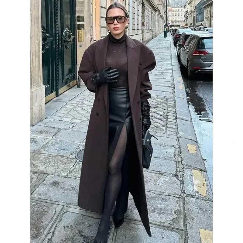 2024 Elegant Woolen Double-breasted Lapel Woolen Overcoat with Pockets Long Sleeve Coats Casual Autumn New Womens High Streetwear Z250813