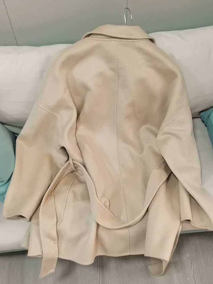 Autumn Winter Fashion Double-sided Cashmere Coat Women Thick Water Ripple Cropped Wool Coat Loose Lapel Neck with Belt Z250813