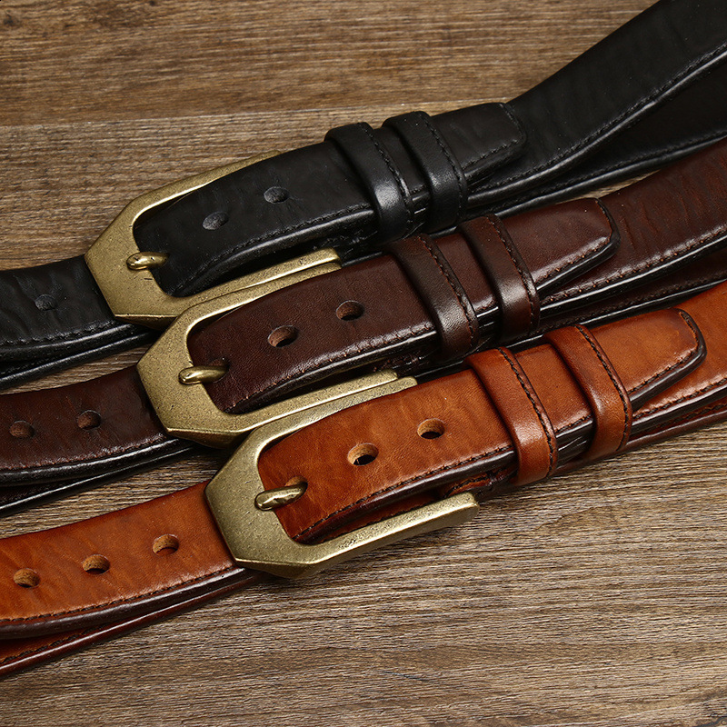 Red Tornado Genuine Leather Slide Belt with Vintage Brass Buckle For Casual Dress Pants 250102