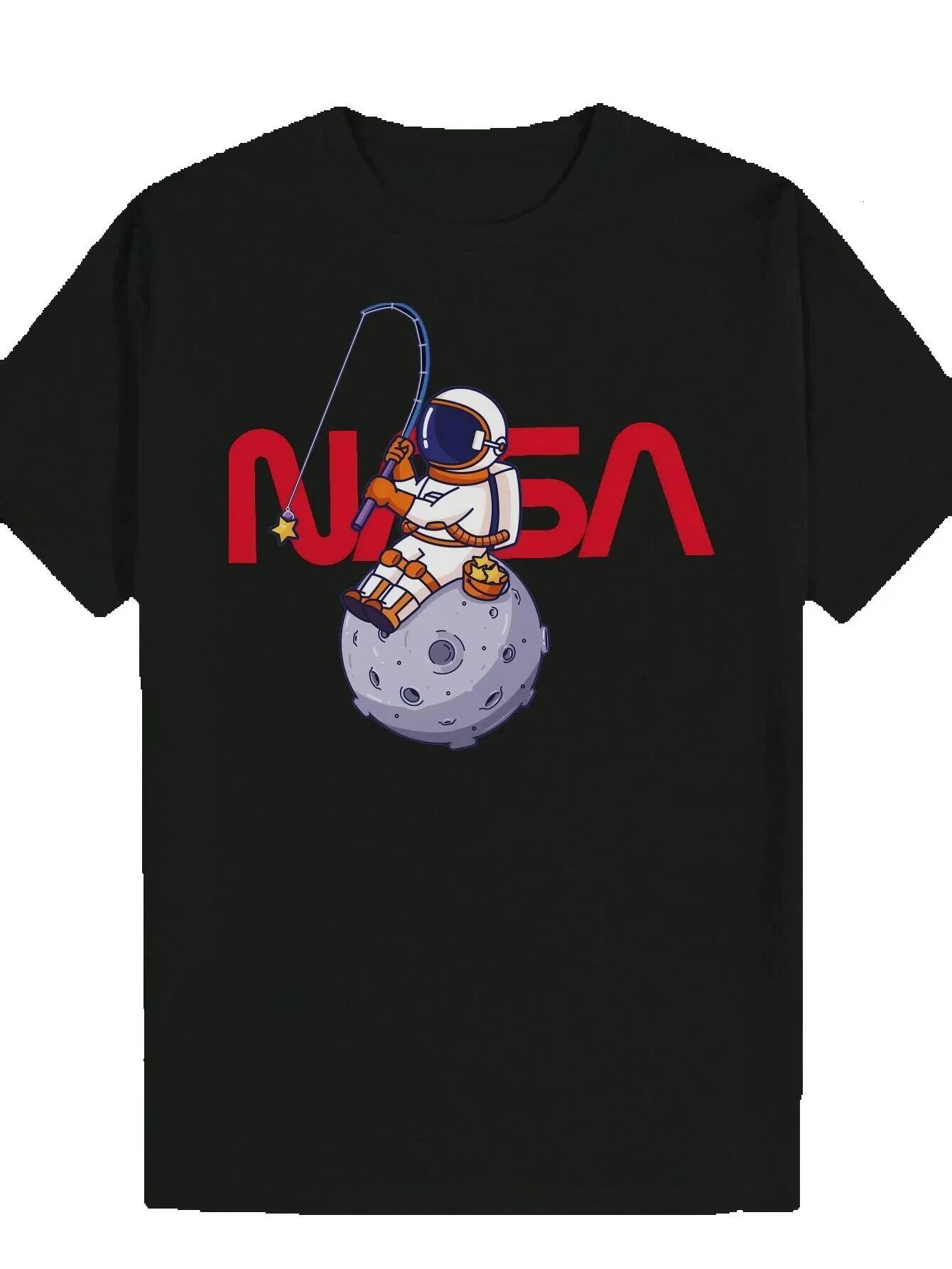 Men's NASA Astronaut Moon Fishing Pattern - Black Casual Short Sleeve Round Neck Summer T-Shirt, 100% Polyester, Machine Washable, Regular Fit, E