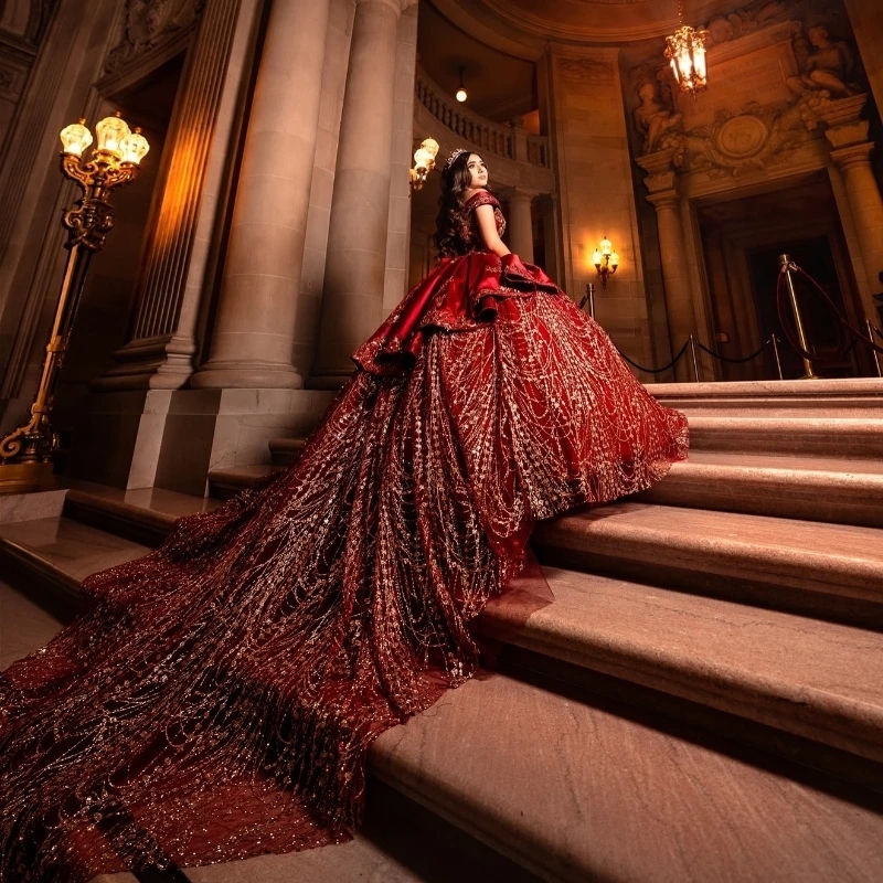 Red Ball Gown Quinceanera Dresses Off Shoulder Sequin Applique Lace Beading Tull Party Birthday Sweet 16 Vestidos 15 De Anos