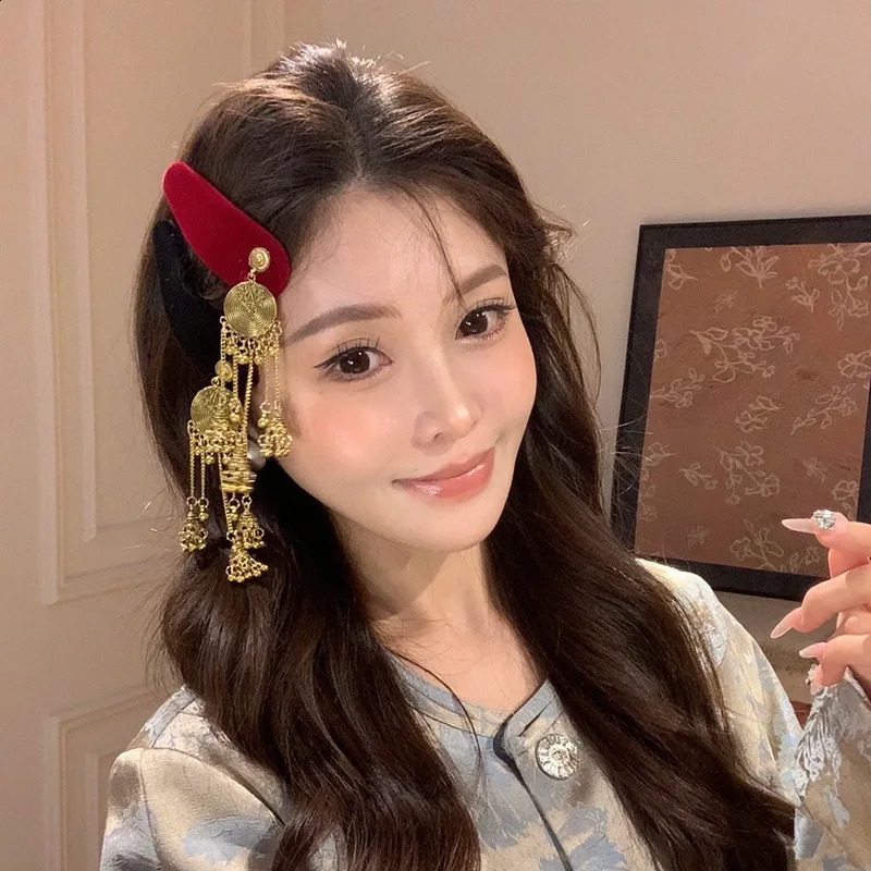 Red Black Velvet Bell Long Tassel Ethnic Style Retro Side Bangs Hair Clips for Women Personality Fashion Hairpin Accessories 250812