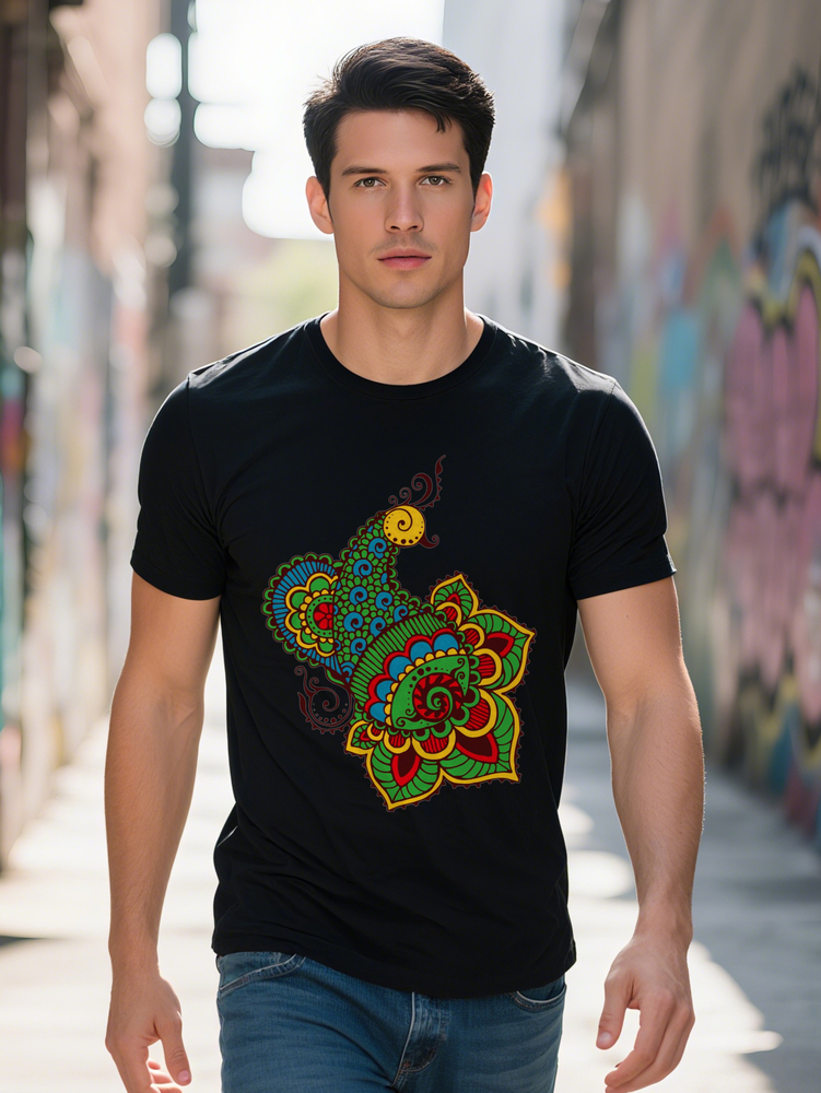 Men S Casual Crew Neck T-Shirt with Pea Floral Black Background Green Red Petals Design Perfect for Summer