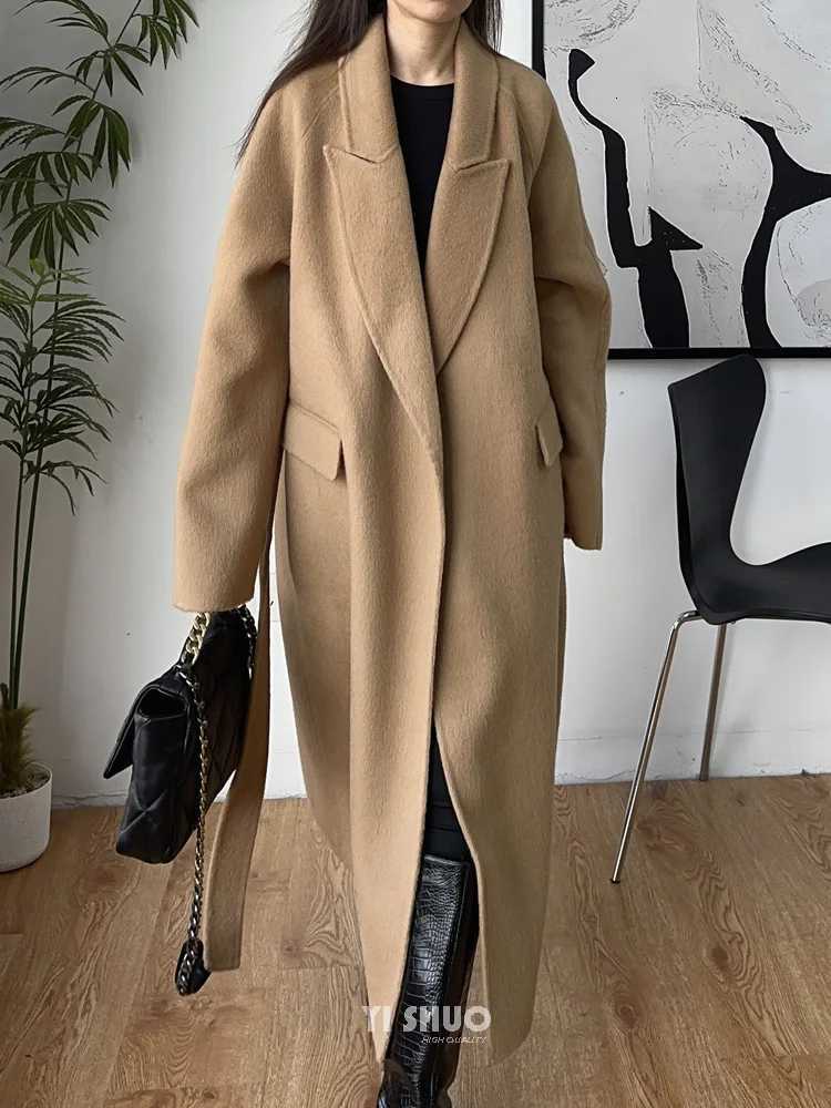 Korean Gray Double-sided Wool Cashmere Long Coat Suit Collar Lace Up Woolen Overcoat for Women in Winter and Autumn Z250813