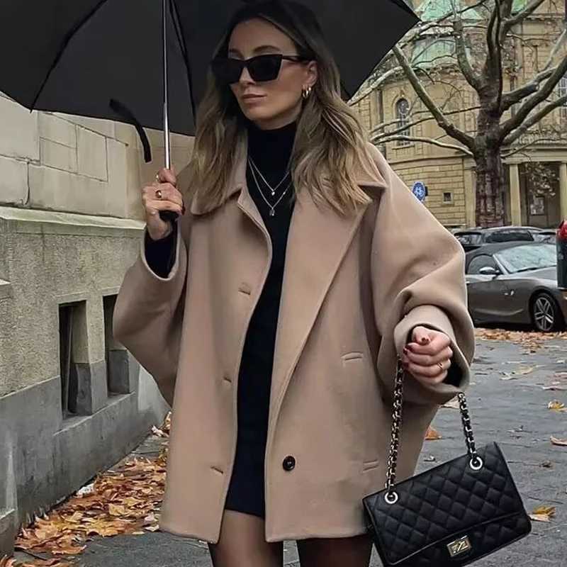TRAF Woman Winter Coats Faux Wool Coats And Mixtures Oversized Long Coat Women Autumn Long Sleeve Solid Coats Casual Warm Parkas Z250813