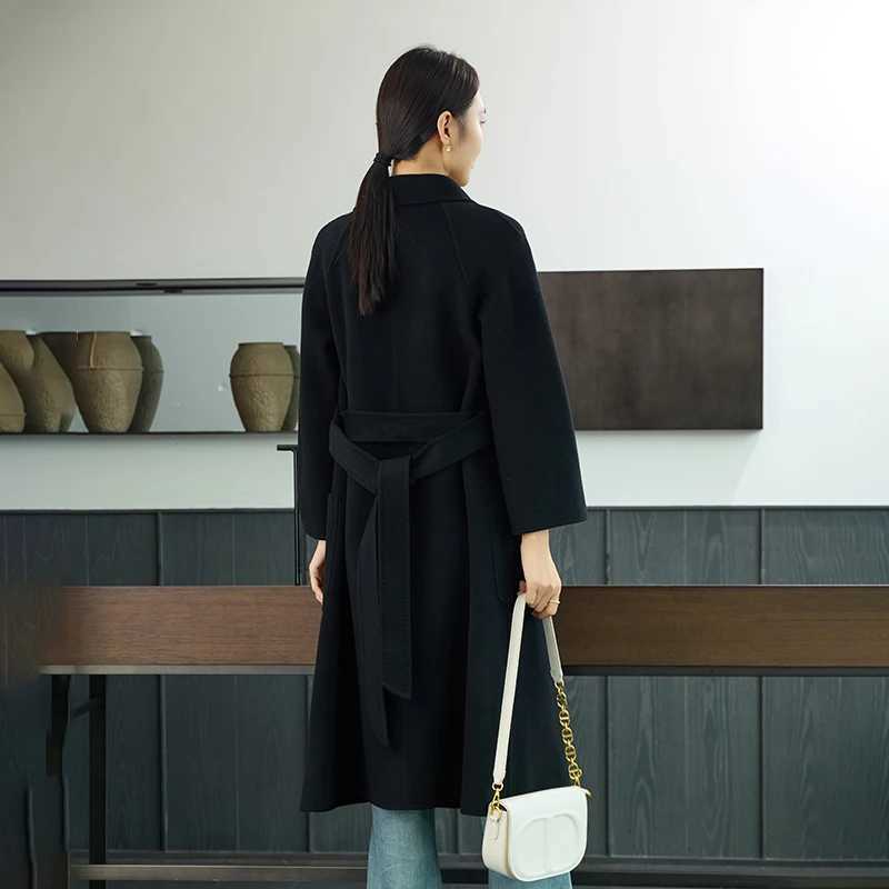 2025 Autumn Winter New 100% Australian Wool Womens Long Coat with Belt Loose Fit Raglan Sleeves Simple Woolen Trench Coat Z250813
