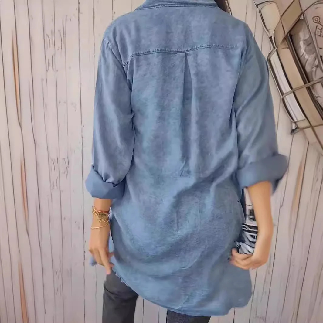Denim Coat Single Breasted Full Sleeve Jackets Pockets Turn Down Collar Casual Solid Lady Spliced Summer 2025 250811