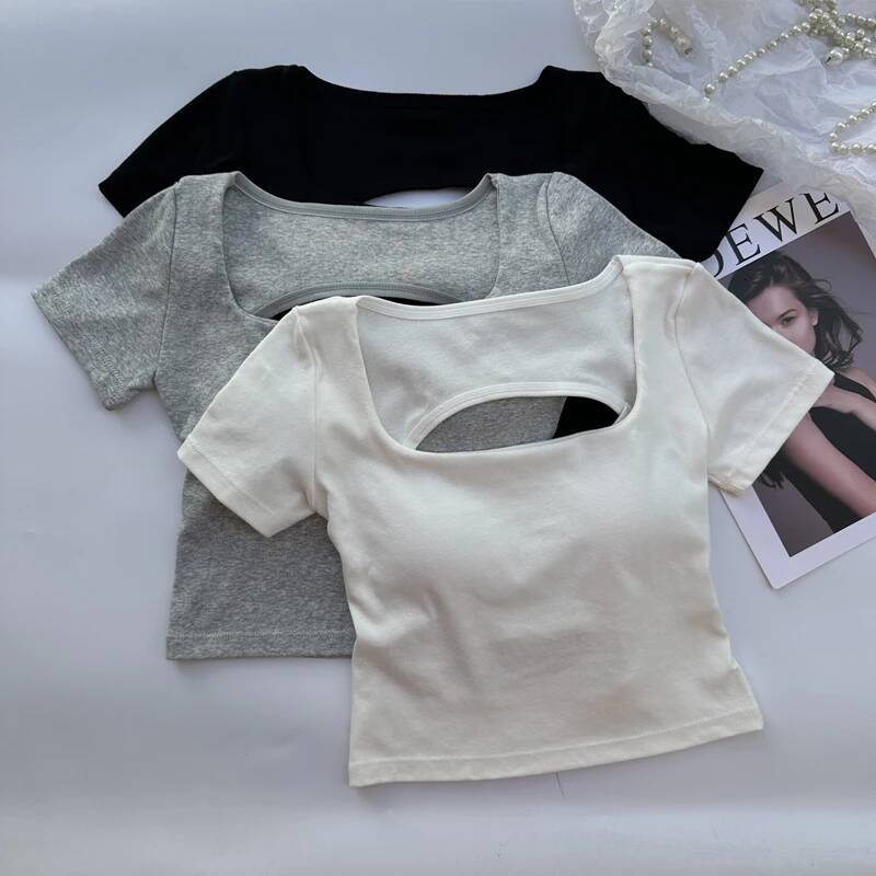 2025 Women's Tank Top T-shirt Women's Clothing Square Collar Top Women's Short Sleeve Umbilical Top with Bra Sexy Street Wear fashion B