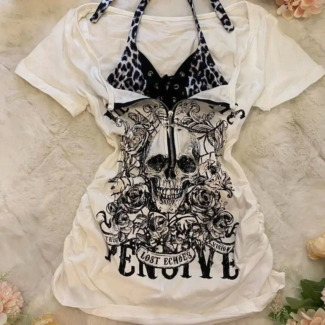 2025 Summer New Women's Tank Top Fashion Skull Print Splicing Leopard Pattern Strap Top Retro Slim fit T-shirt Summer New Counterfeit Two design 