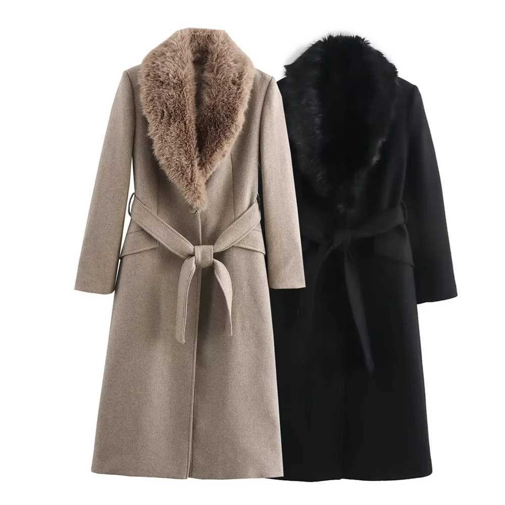2024 RARF Womens Belt Warm Fur Collar Coat Flip Collar Pocket Button Decoration Autumn/Winter New Womens Wear Z250813