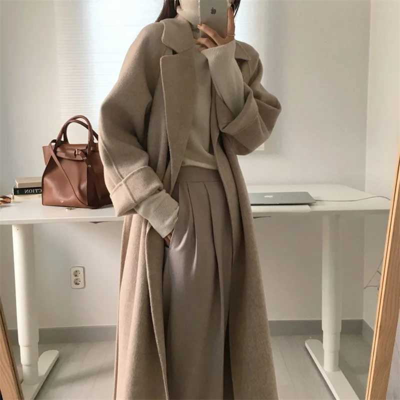 2025 Autumn Winter New Korean Womens Long Oversize Casual Woolen Coat with Chic Thick Warm Lapel Lace-up Pockets Z250813