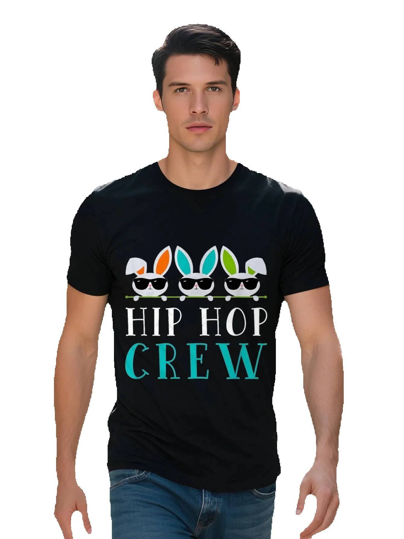 Hip Hop Crew Bunny Fashion Glasses Graphic T-Shirt Cotton Breathable Short Sleeve Tee with Cartoon Rabbits Bold f2c01
