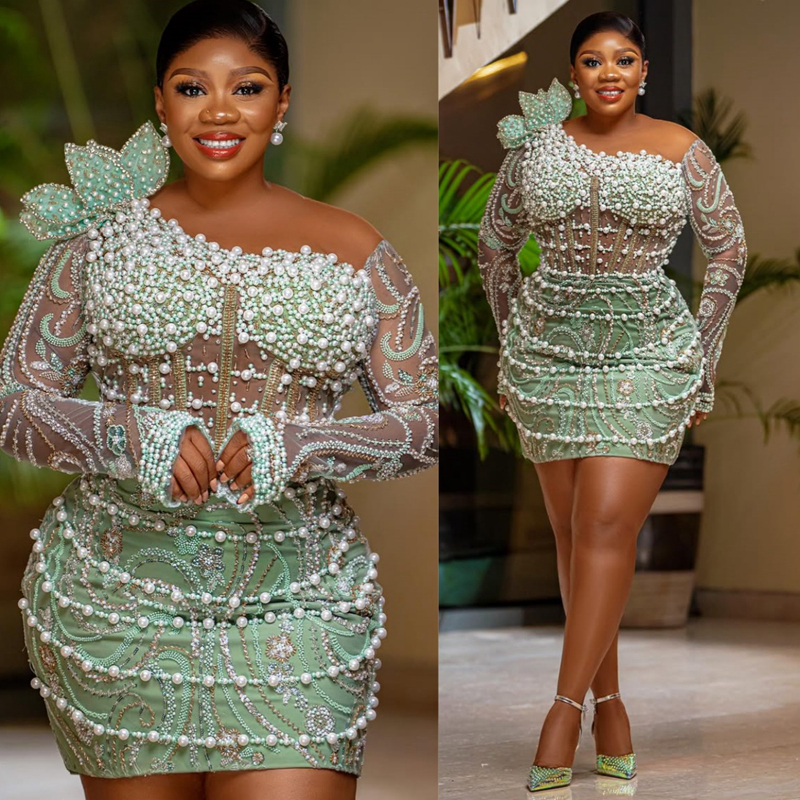 2025 Plus Size Mint Cocktail Dresses For Women Short Mini Dress Pearls Beaded Lace Long Sleeves Flora Homecoming Dresses Mini Gown For Nigeria Black G
