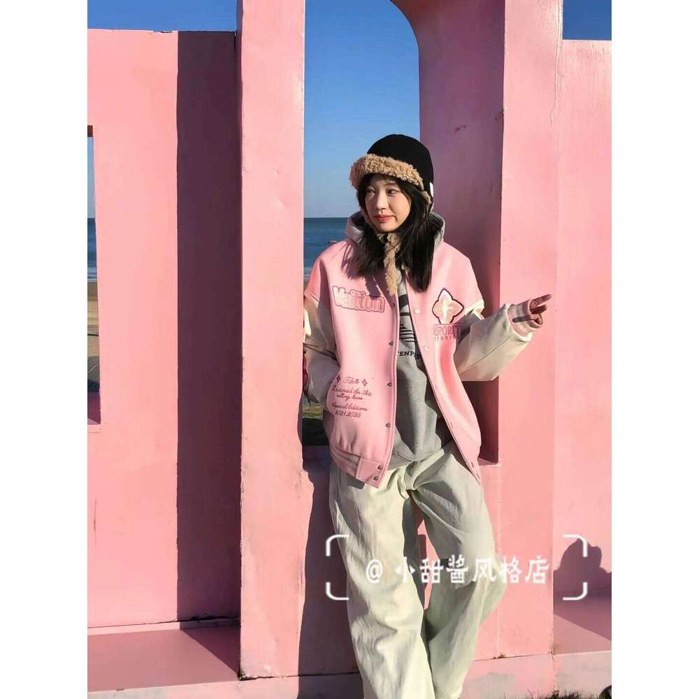 2025 Girly Korean Academy pink baseball uniform for women INS spring sweet girl splicing embroidery trendy jacket