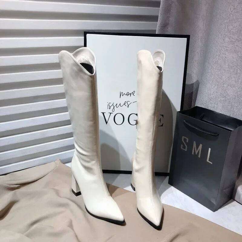 PU Leather Long Women Fashion V-port Pointed Toe Knee Boots Ladies Sexy Chunky High Heel Shoes Botas