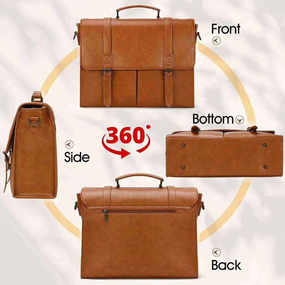 RAINSMORE Vintage Men Messenger Waterproof Leather Briefcase Laptop Large Capacity Satchel Business College Shoulder Bag