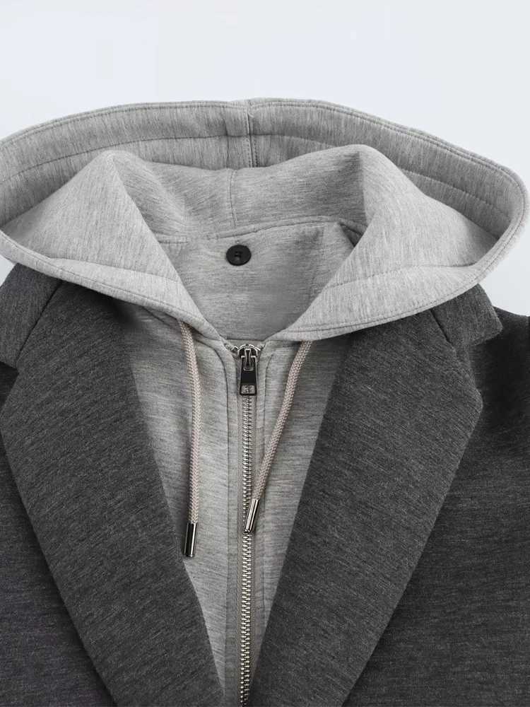 2025 Spring and Autumn New Style Detachable Hooded Splicing Temperament Casual Long Sleeve Coat Jacket Z250813